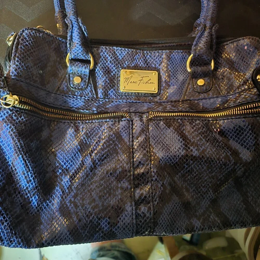 Marc Fisher Blue and Brown Snakeskin Satchel with Gold Hardware